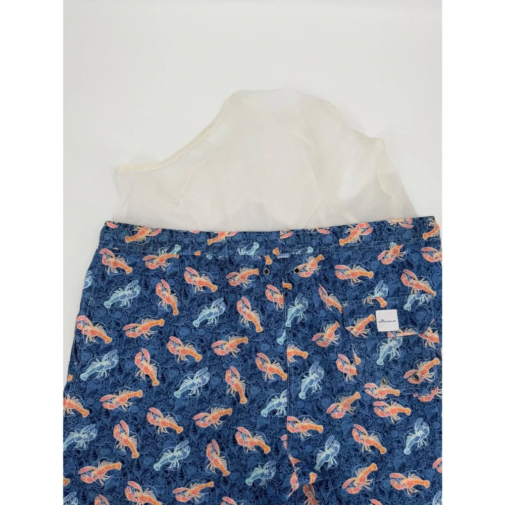 Peter Millar Mens Navy Blue Lobster Shell Print Swim Trunks Mesh Lined Large